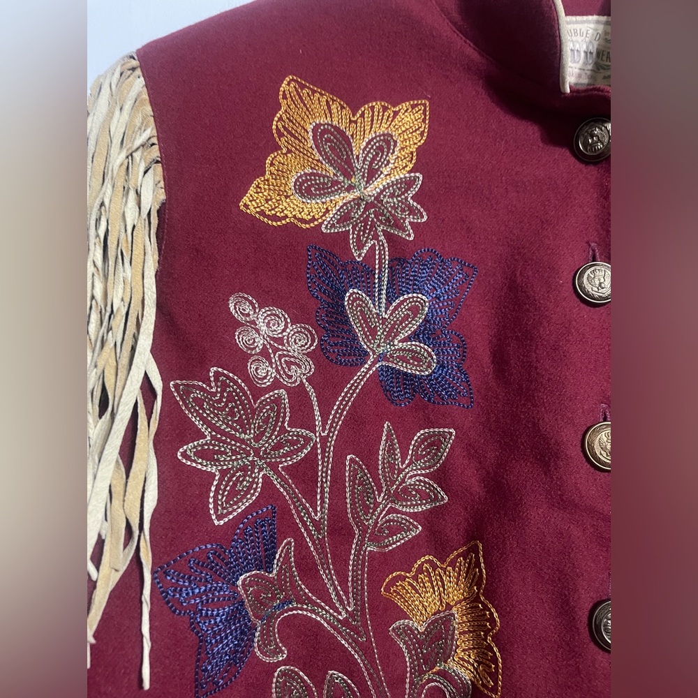 Double D Ranch Wear Deep Red Embroidered Wool Jacket with Leather Fringe - Picture 3 of 6